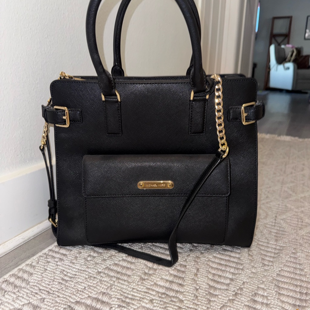 Michael Kors Black Leather Satchel With Gold Chain Accents